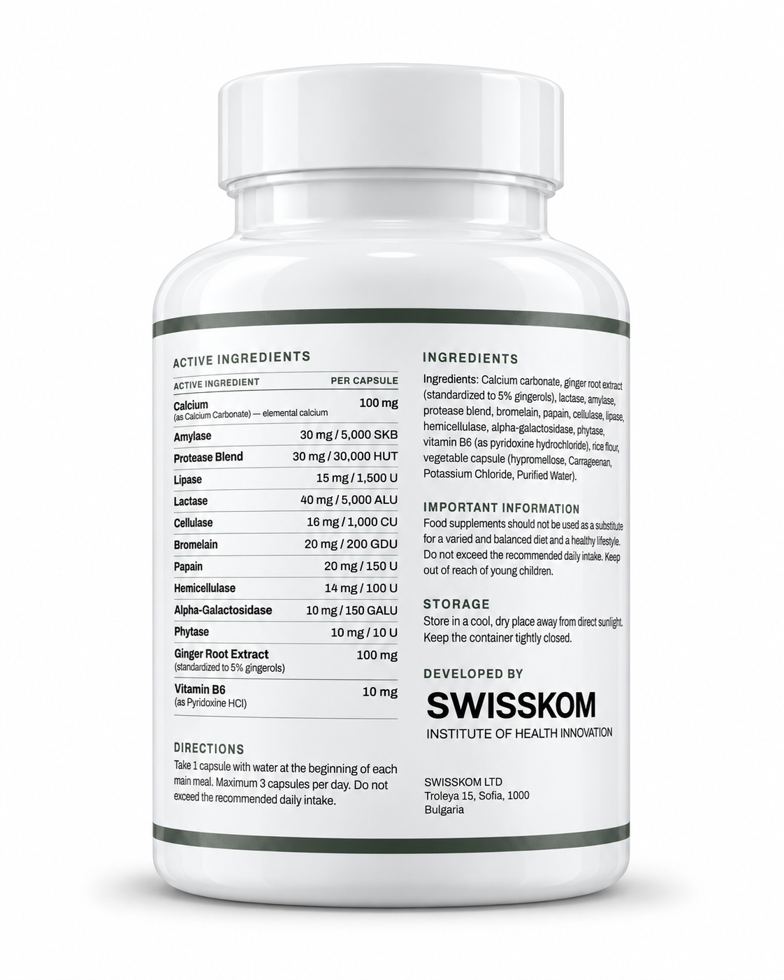 GLP-1 Essentials Digestive Enzymes bottle, back label with ingredients and directions