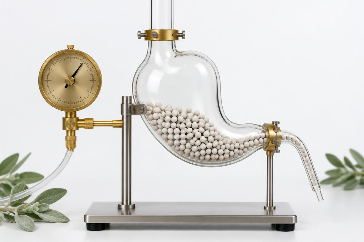 Illustrative glass gastric-flow model with neutral beads and a pressure dial