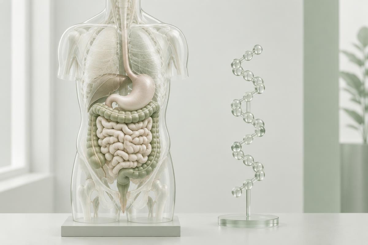 Conceptual anatomical torso and peptide model illustrating GLP-1 and digestion