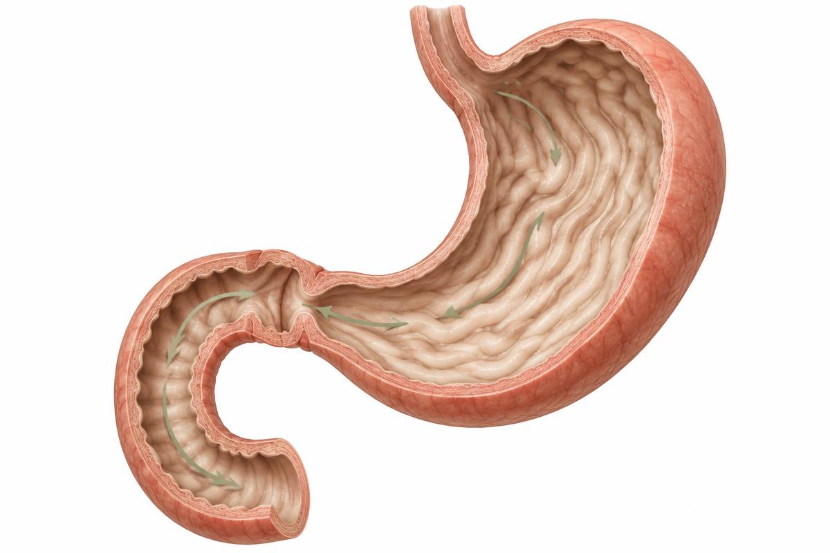 Illustrative stomach and duodenum cutaway showing the path of gastric transit