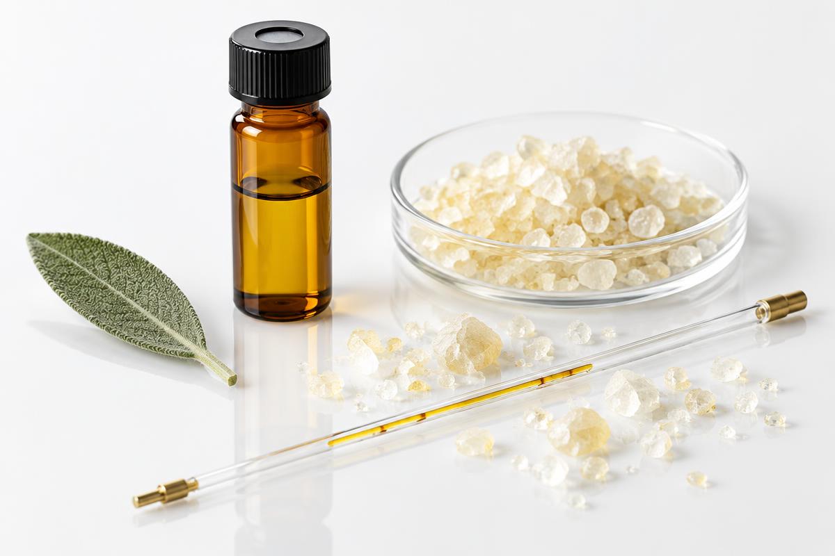 Illustrative botanical chemistry sample with an amber vial and capillary tube