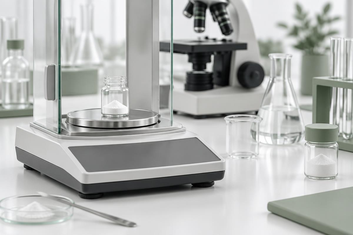 Illustrative formulation laboratory with analytical balance and microscope