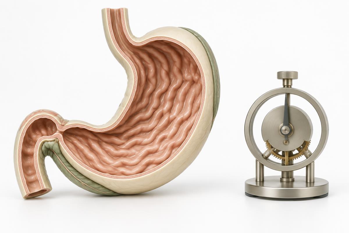 Conceptual stomach model and timing instrument illustrating slower stomach emptying